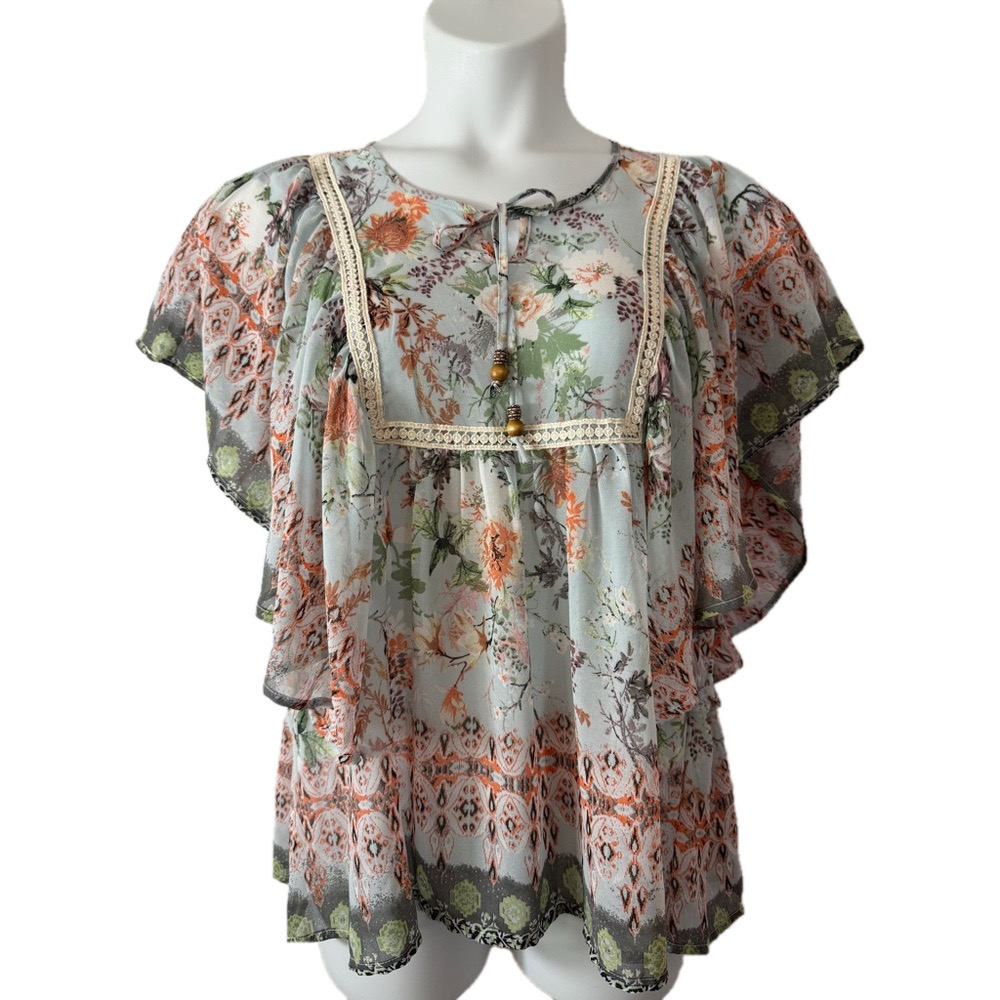 Unity World Floral Sheer Lightweight Flutter Sleeves Feminine Blouse SKU0789